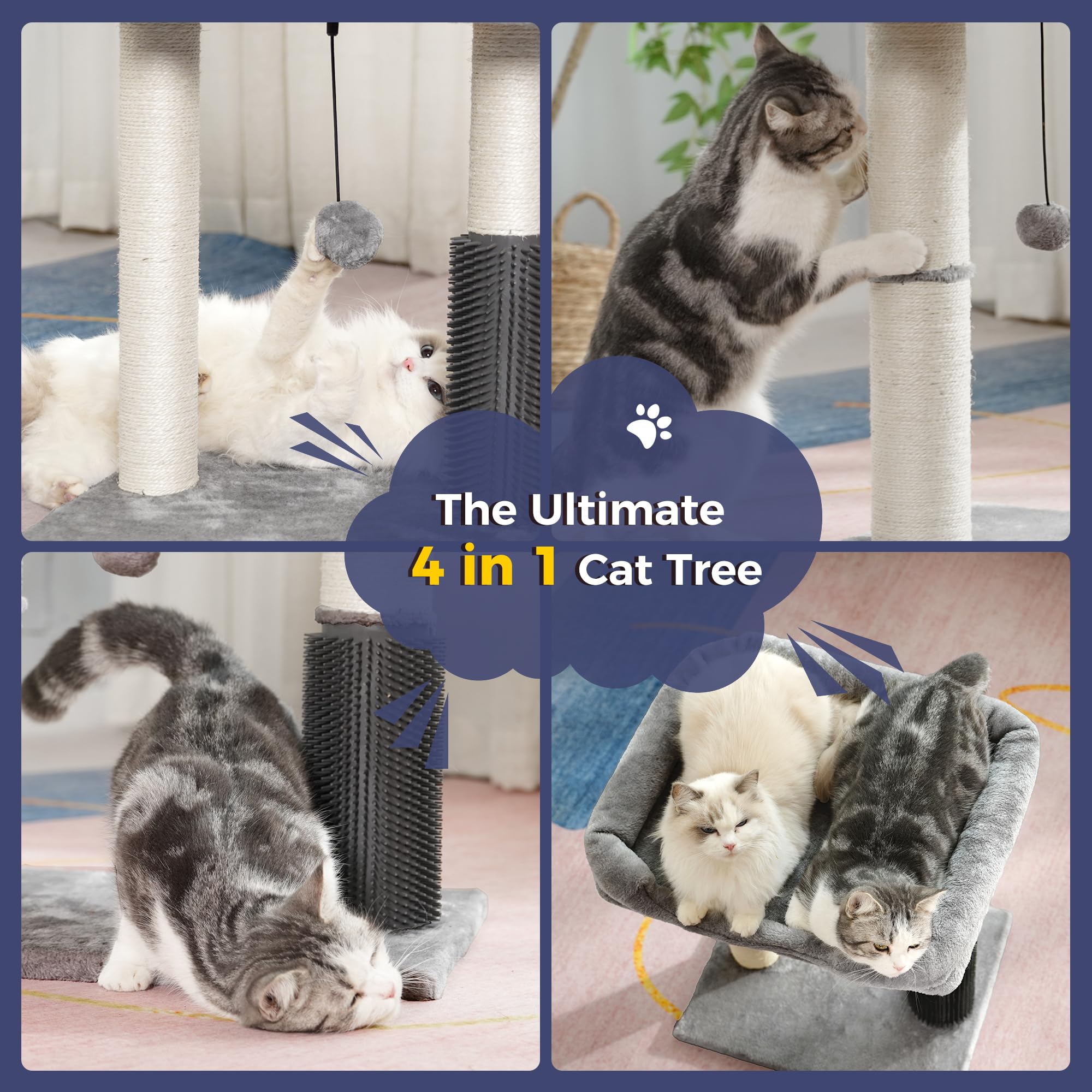 Pawfessor Cat Tree Tower For Large Cats Cat Scratching Post With 20X15.7   Large Top Bed, Cat Self Groomer, Thick Scratch Post [